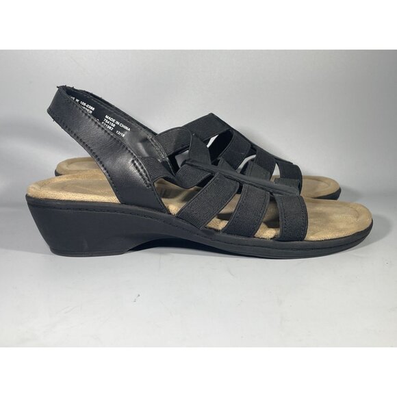 Womens Wedge Sandals 6 1/2 black stretch strap boho summer St. Johns Bay Innis - Picture 2 of 7